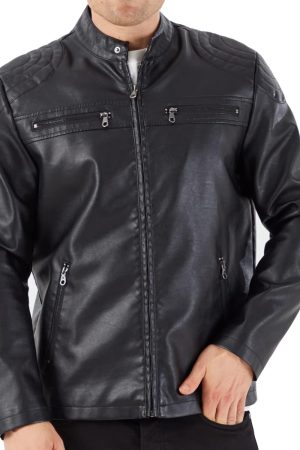 Men's Stand Collar Leather Jacket Motorcycle Lightweight Faux Leather Outwear