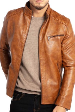 Men's Stand Collar Leather Jacket Motorcycle Lightweight Faux Leather Outwear