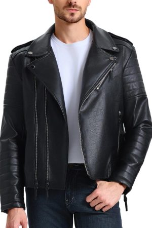 Men's Leather Jackets, Faux Bomber Jacket for Men'sMotorcycle Lapel Asymmetric Zip-Up Slim Fit Biker Coat