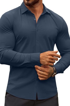 Men's Muscle Fit Dress Shirts Wrinkle-Free Long Sleeve Casual Button Down Shirts