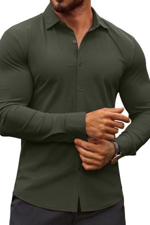 Men's Muscle Fit Dress Shirts Wrinkle-Free Long Sleeve Casual Button Down Shirts